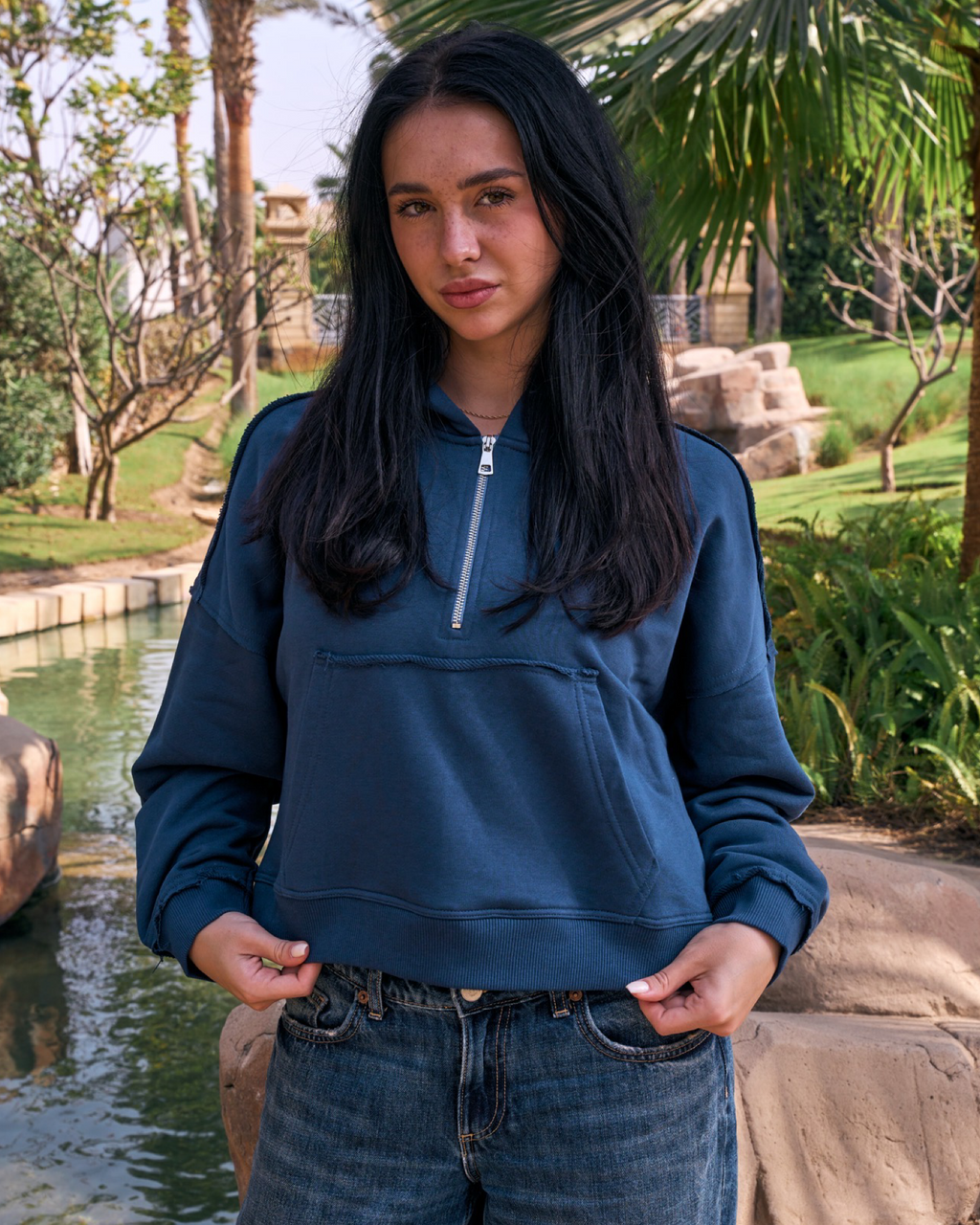 Unfinished quarter zipped hoodie