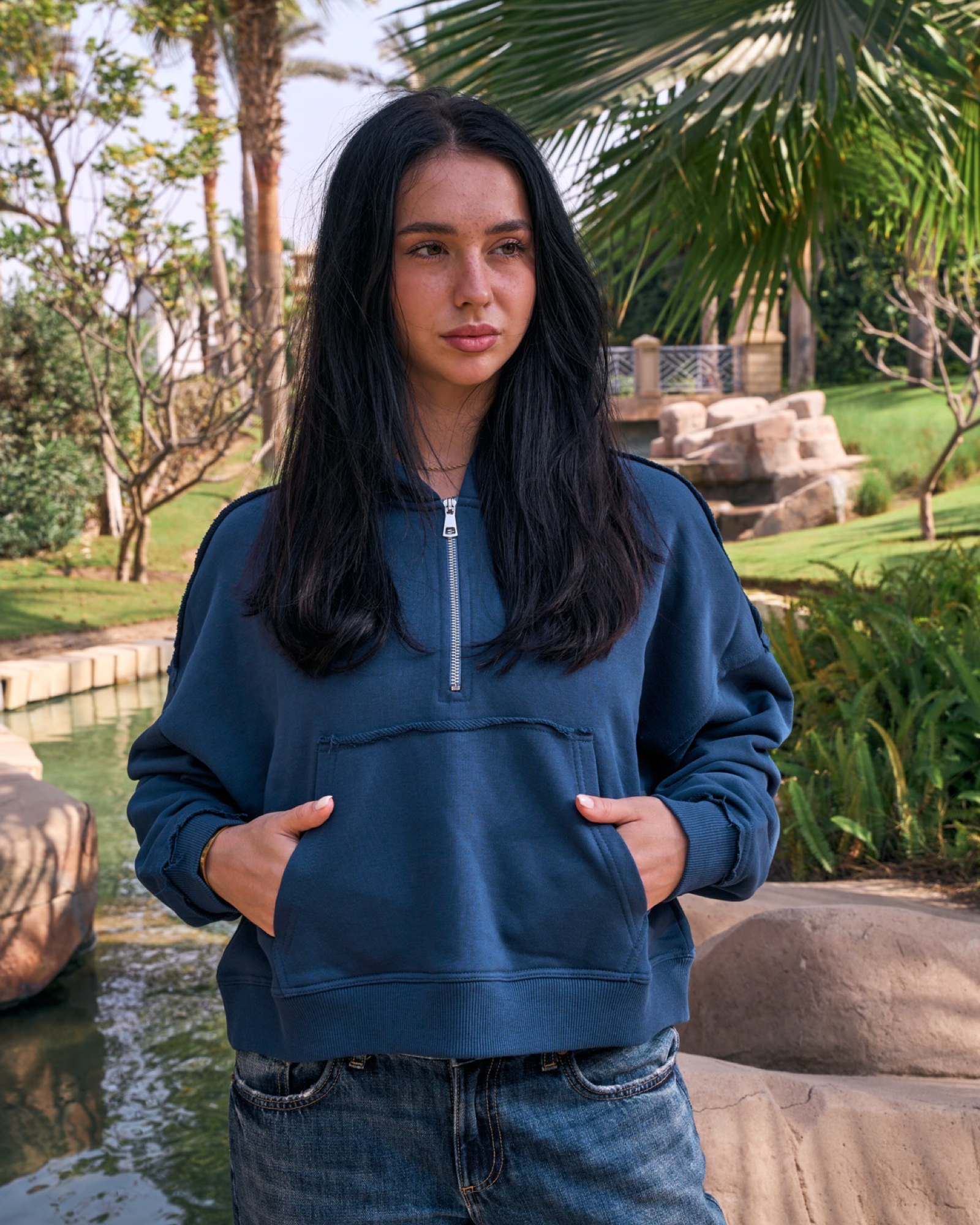 Unfinished quarter zipped hoodie